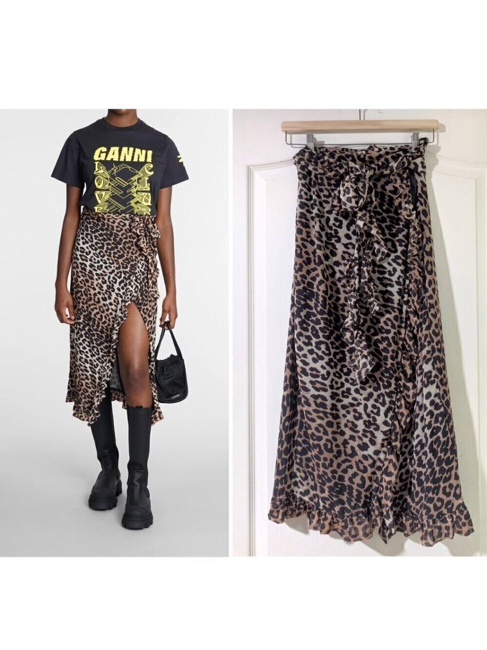 NWT Ganni | Mesh Ruffle Midi Wrap Skirt In Leopard